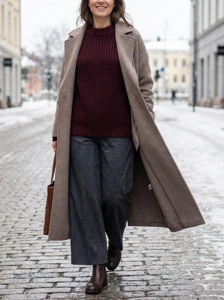 Bordeaux Pullover mit grauer Hose - Winter Outfit Damen 2026